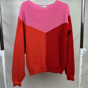 Colorblock Chunky Knit Sweater | Pink & Red | Balloon Sleeves | Size M